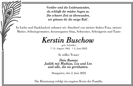 Traueranzeige von Kerstin Buschow von Ostsee-Zeitung GmbH
