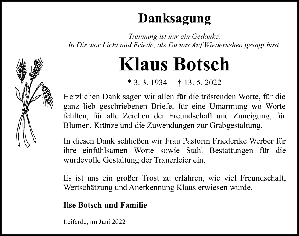  Traueranzeige für Klaus Botsch vom 25.06.2022 aus Aller Zeitung