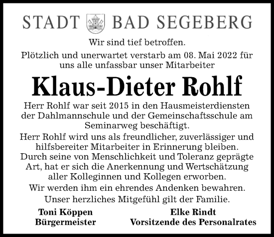 Traueranzeige von Klaus-Dieter Rohlf von Kieler Nachrichten