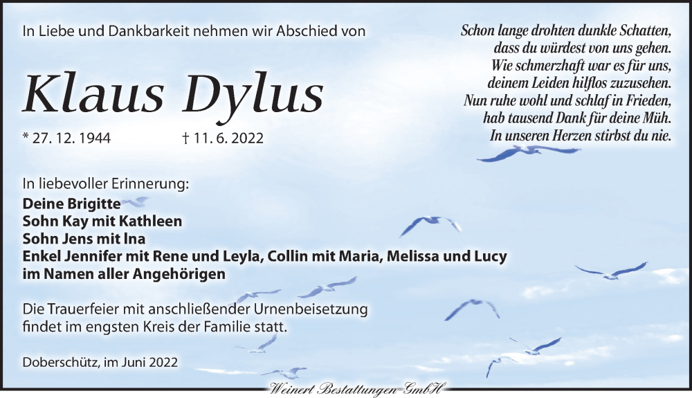  Traueranzeige für Klaus Dylus vom 21.06.2022 aus Leipziger Volkszeitung