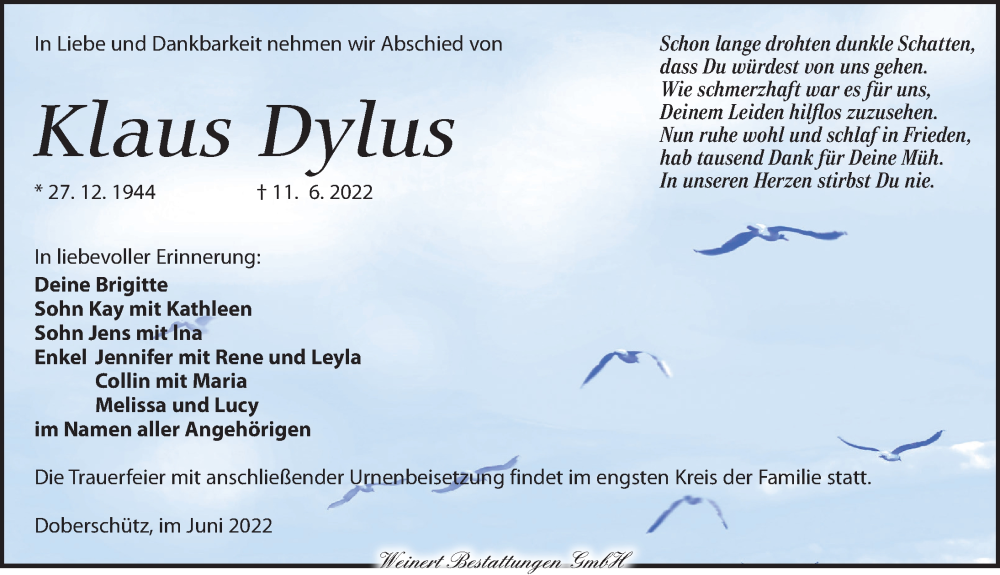  Traueranzeige für Klaus Dylus vom 18.06.2022 aus Torgauer Zeitung