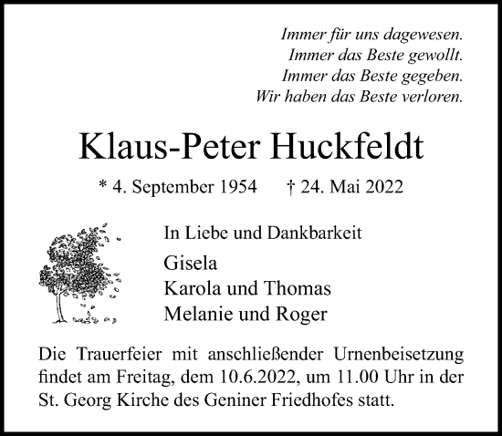 Traueranzeige von Klaus-Peter Huckfeldt von Lübecker Nachrichten