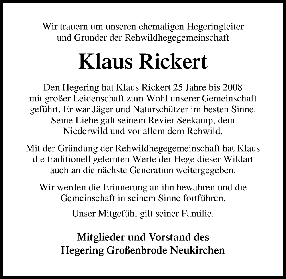  Traueranzeige für Klaus Rickert vom 03.06.2022 aus Lübecker Nachrichten