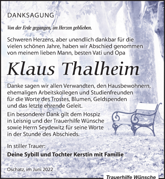 Traueranzeige von Klaus Thalheim von Leipziger Volkszeitung