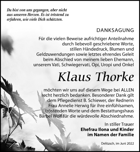 Traueranzeige von Klaus Thorke von Leipziger Volkszeitung