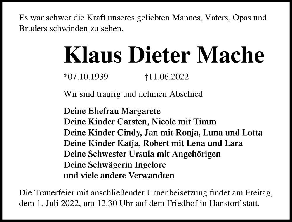  Traueranzeige für Klaus Dieter Mache vom 18.06.2022 aus Ostsee-Zeitung GmbH