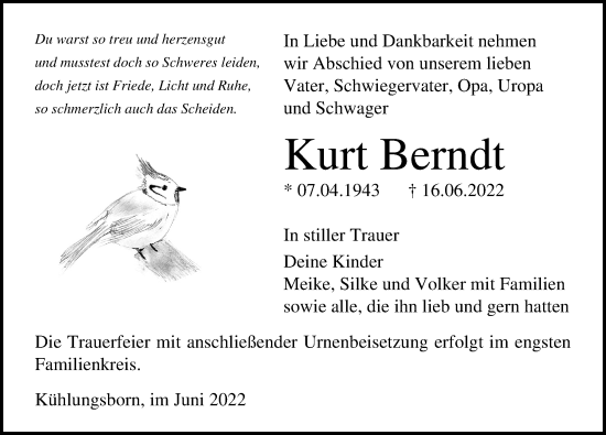 Traueranzeige von Kurt Berndt von Ostsee-Zeitung GmbH
