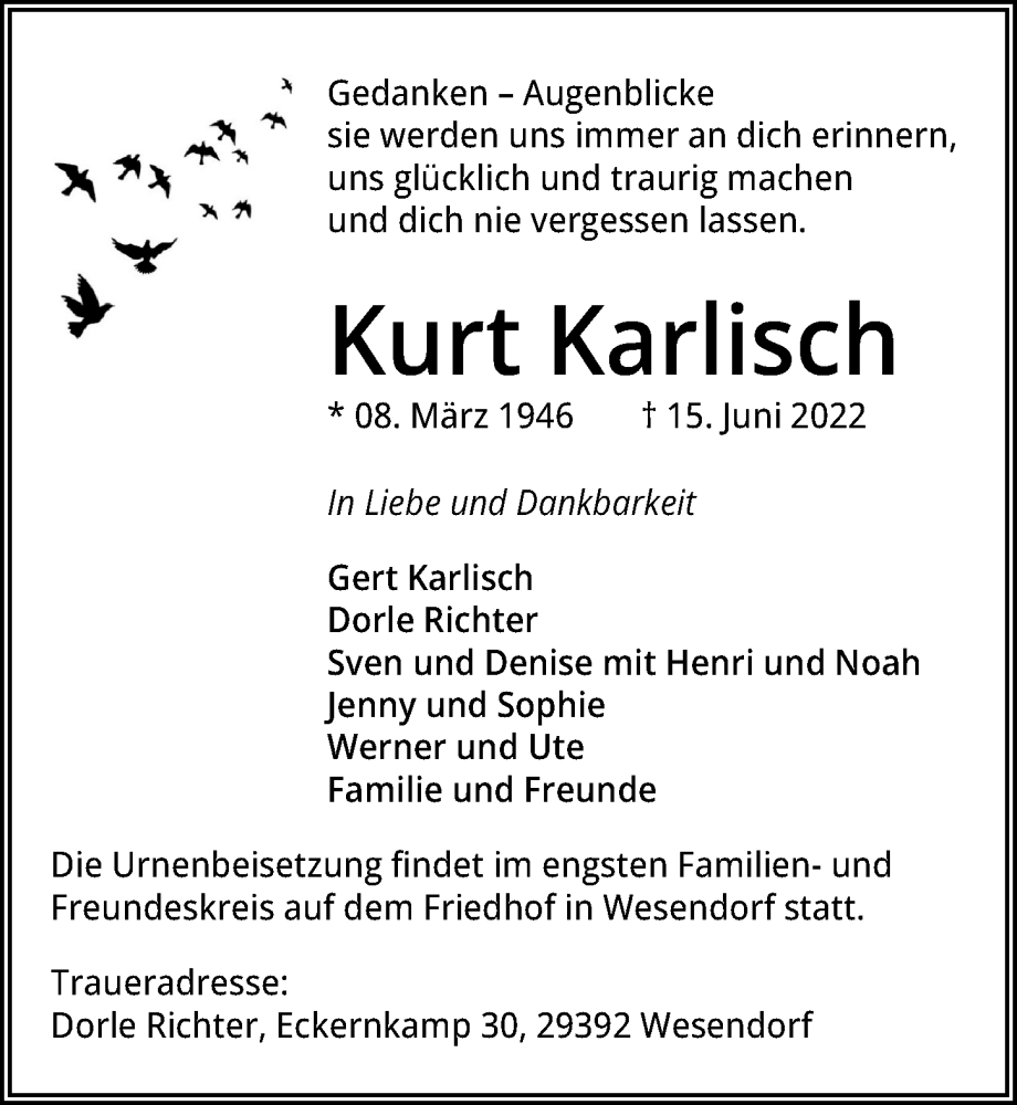  Traueranzeige für Kurt Karlisch vom 22.06.2022 aus Aller Zeitung