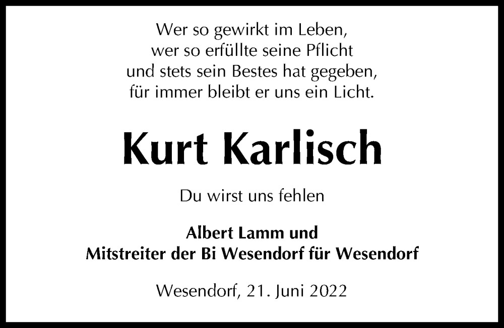  Traueranzeige für Kurt Karlisch vom 25.06.2022 aus Aller Zeitung