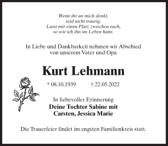 Traueranzeige von Kurt Lehmann von Märkischen Allgemeine Zeitung