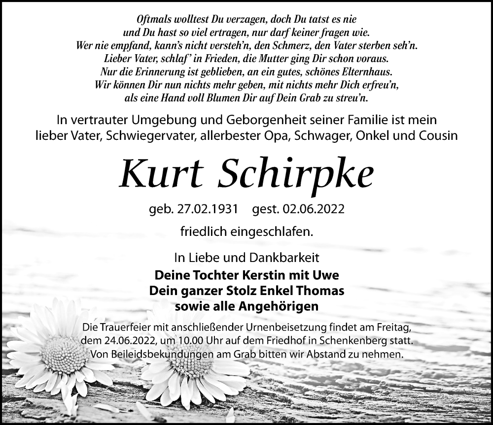 Traueranzeige für Kurt Schirpke vom 11.06.2022 aus Leipziger Volkszeitung