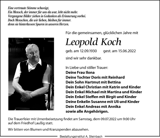 Traueranzeige von Leopold Koch von Leipziger Volkszeitung
