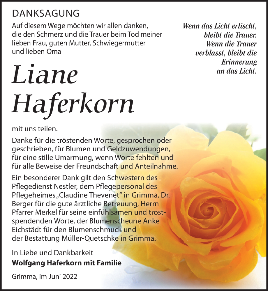  Traueranzeige für Liane Haferkorn vom 25.06.2022 aus Leipziger Volkszeitung