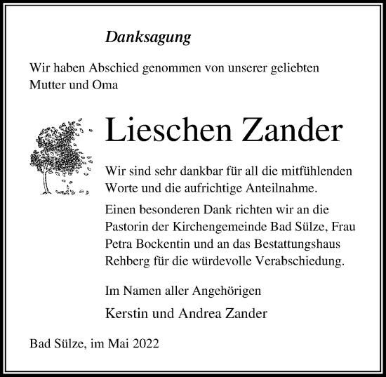 Traueranzeige von Lieschen Zander von Ostsee-Zeitung GmbH