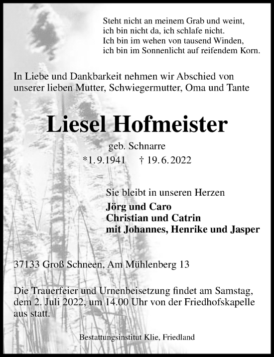 Traueranzeige von Liesel Hofmeister von Göttinger Tageblatt