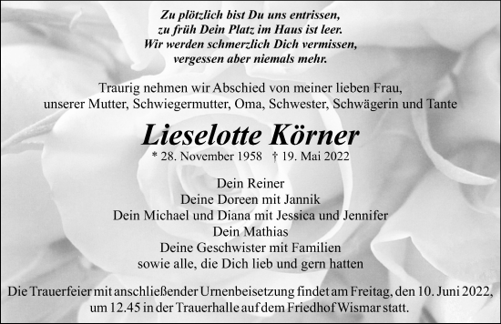 Traueranzeige von Lieselott Körner von Ostsee-Zeitung GmbH