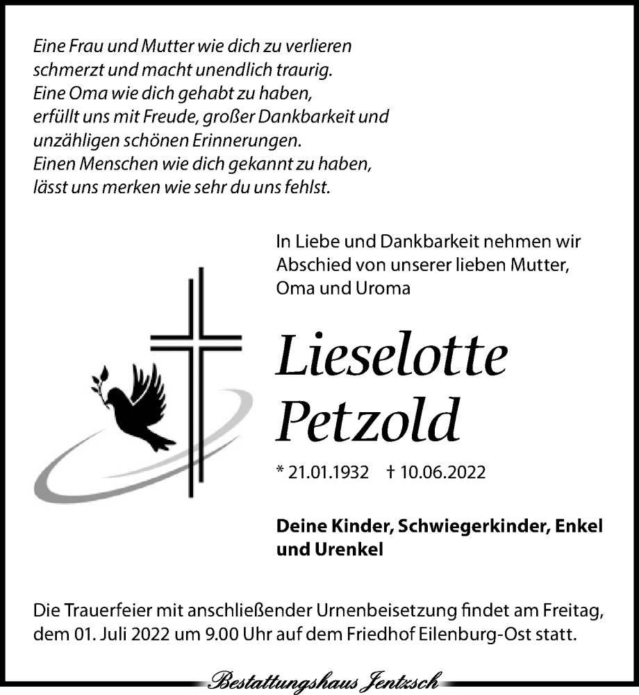  Traueranzeige für Lieselotte Petzold vom 18.06.2022 aus Leipziger Volkszeitung