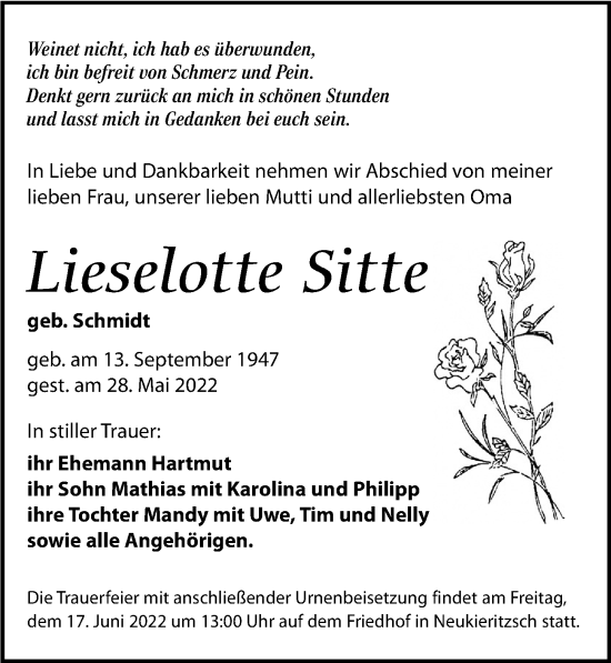 Traueranzeige von Lieselotte Sitte von Leipziger Volkszeitung