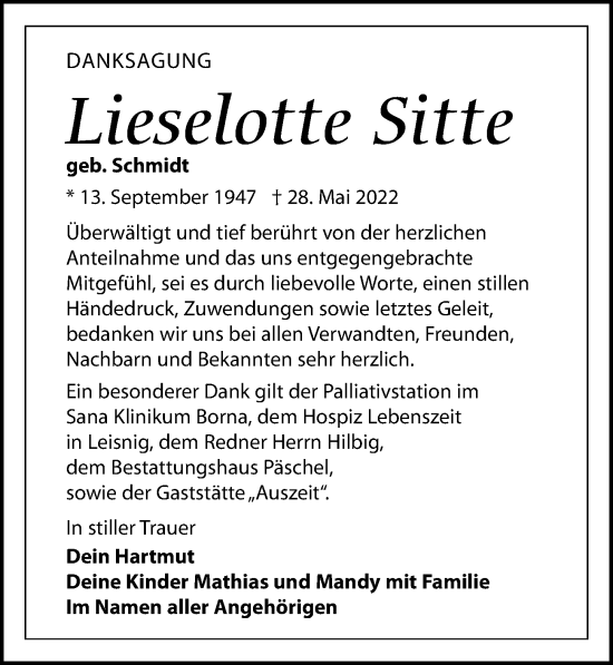 Traueranzeige von Lieselotte Sitte von Leipziger Volkszeitung
