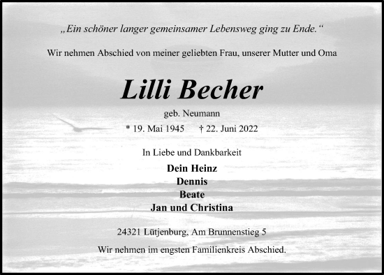 Traueranzeige von Lilli Becher von Kieler Nachrichten