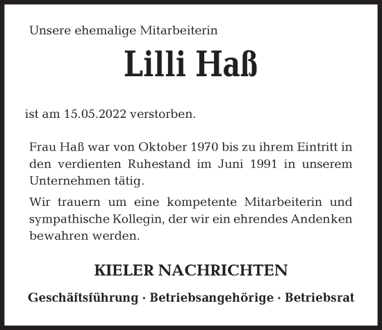 Traueranzeige von Lilli Haß von Kieler Nachrichten