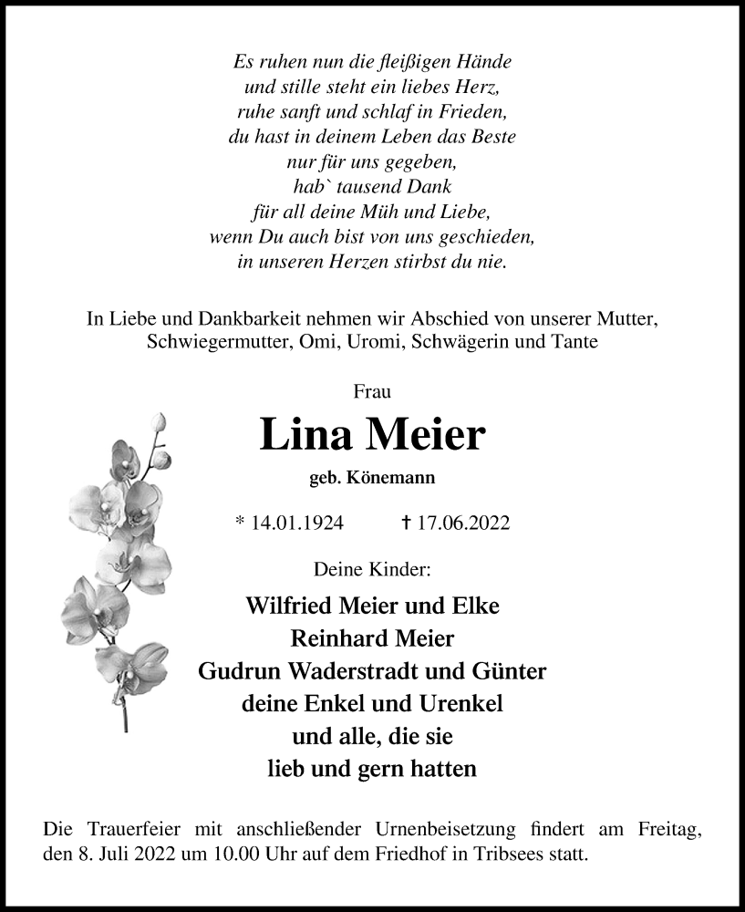  Traueranzeige für Lina Meier vom 25.06.2022 aus Ostsee-Zeitung GmbH