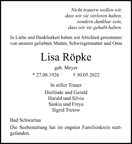 Traueranzeige von Lisa Röpke von Lübecker Nachrichten