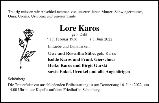 Traueranzeige von Lore Karos von Ostsee-Zeitung GmbH