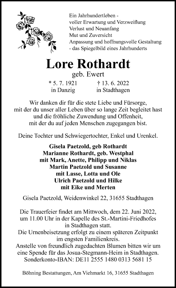  Traueranzeige für Lore Rothardt vom 18.06.2022 aus Schaumburger Nachrichten