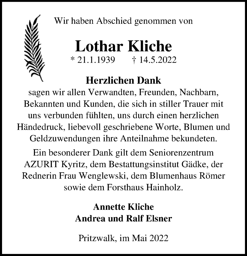  Traueranzeige für Lothar Kliche vom 18.06.2022 aus Märkischen Allgemeine Zeitung