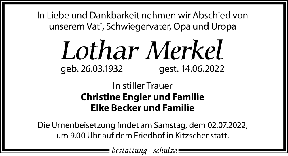  Traueranzeige für Lothar Merkel vom 18.06.2022 aus Leipziger Volkszeitung