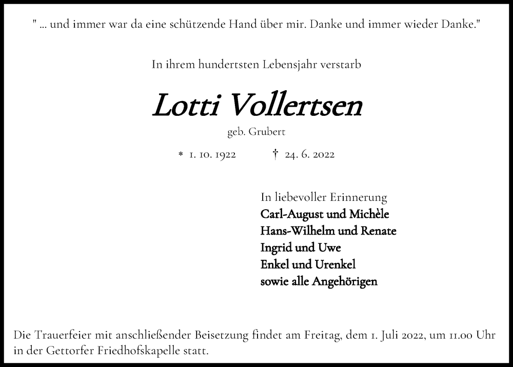  Traueranzeige für Lotti Vollertsen vom 29.06.2022 aus Kieler Nachrichten