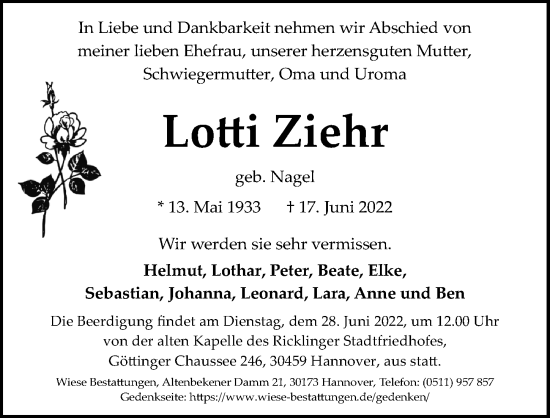 Traueranzeige von Lotti Ziehr von Hannoversche Allgemeine Zeitung/Neue Presse