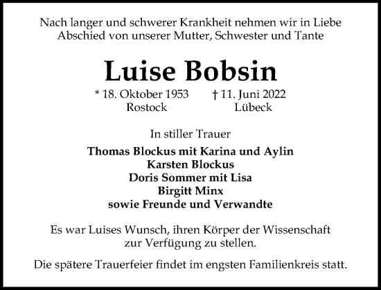 Traueranzeige von Luise Bobsin von Lübecker Nachrichten