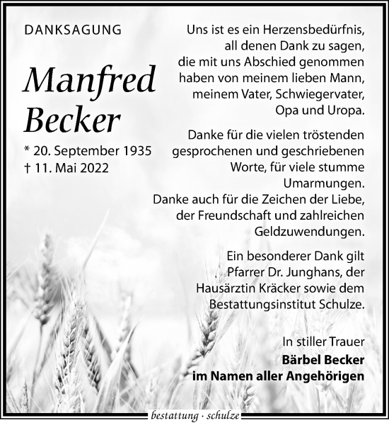 Traueranzeige von Manfred Becker von Leipziger Volkszeitung