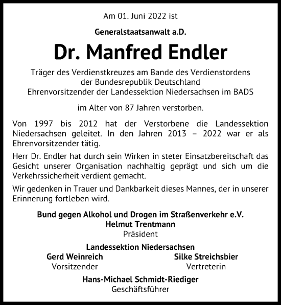 Traueranzeige von Manfred Endler von Hannoversche Allgemeine Zeitung/Neue Presse