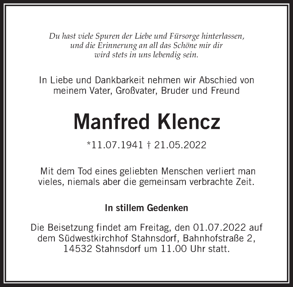  Traueranzeige für Manfred Klencz vom 25.06.2022 aus Märkischen Allgemeine Zeitung