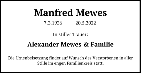 Traueranzeige von Manfred Mewes von Märkischen Allgemeine Zeitung