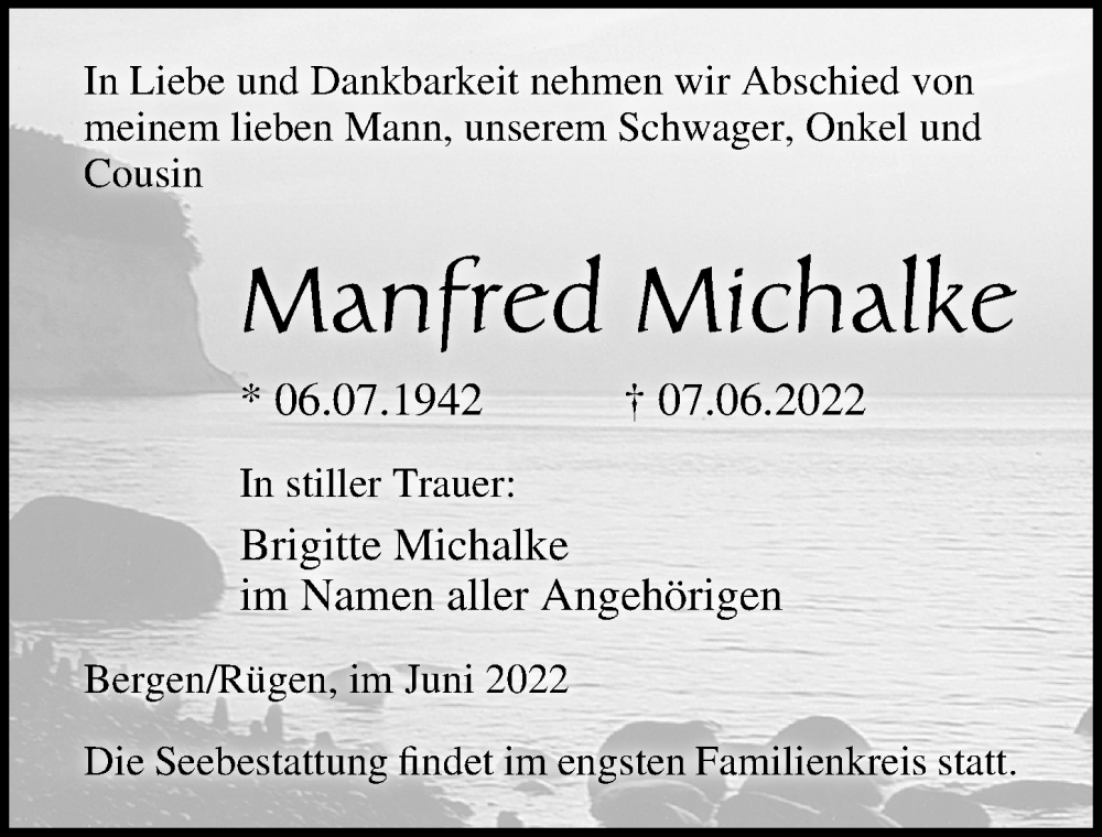  Traueranzeige für Manfred Michalke vom 11.06.2022 aus Ostsee-Zeitung GmbH