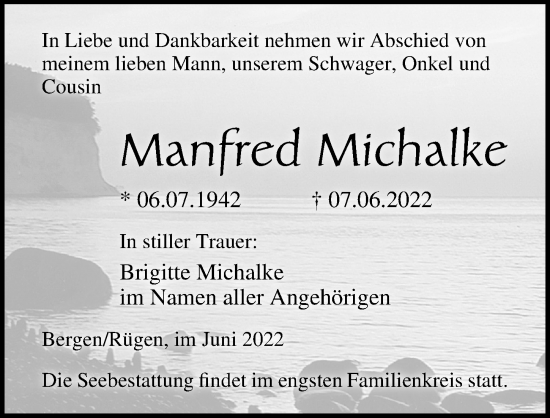 Traueranzeige von Manfred Michalke von Ostsee-Zeitung GmbH