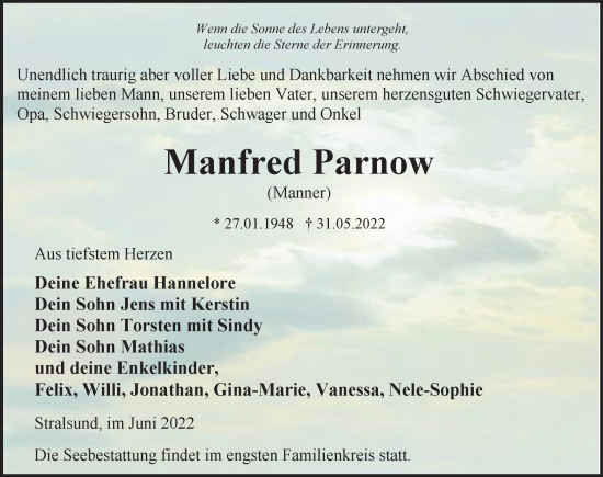 Traueranzeige von Manfred Parnow von Ostsee-Zeitung GmbH