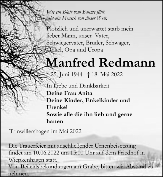 Traueranzeige von Manfred Redmann von Ostsee-Zeitung GmbH