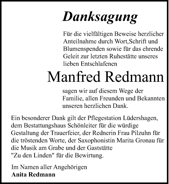 Traueranzeige von Manfred Redmann von Ostsee-Zeitung GmbH