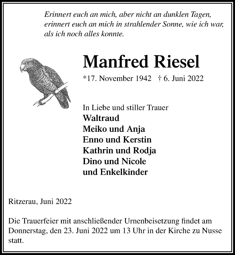  Traueranzeige für Manfred Riesel vom 21.06.2022 aus Lübecker Nachrichten