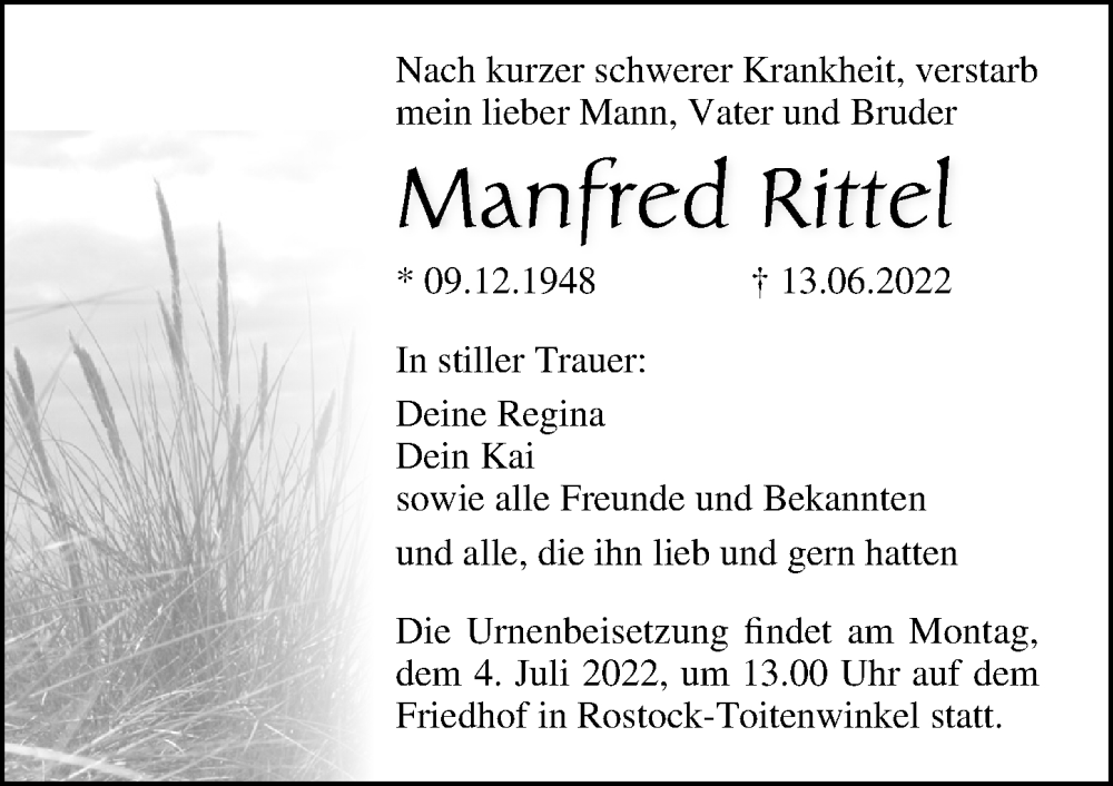  Traueranzeige für Manfred Rittel vom 18.06.2022 aus Ostsee-Zeitung GmbH