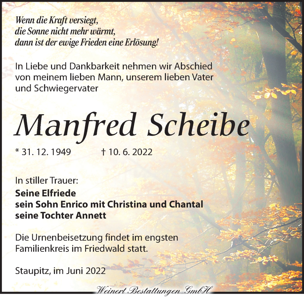  Traueranzeige für Manfred Scheibe vom 18.06.2022 aus Torgauer Zeitung