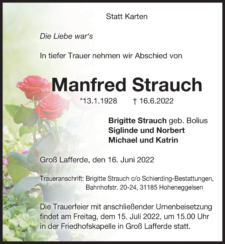  Traueranzeige für Manfred Strauch vom 22.06.2022 aus Peiner Allgemeine Zeitung