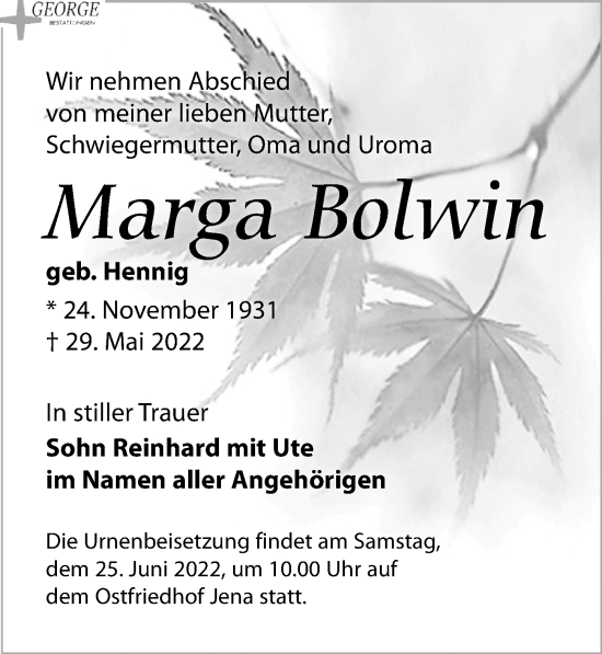 Traueranzeige von Marga Bolwin von Leipziger Volkszeitung