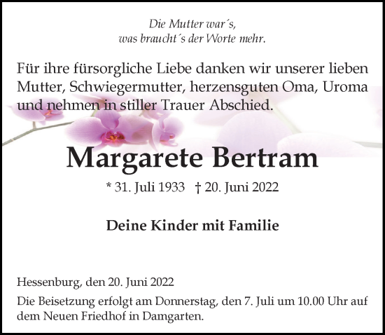 Traueranzeige von Margarete Bertram von Ostsee-Zeitung GmbH
