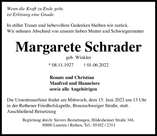 Traueranzeige von Margarete Schrader von Hannoversche Allgemeine Zeitung/Neue Presse